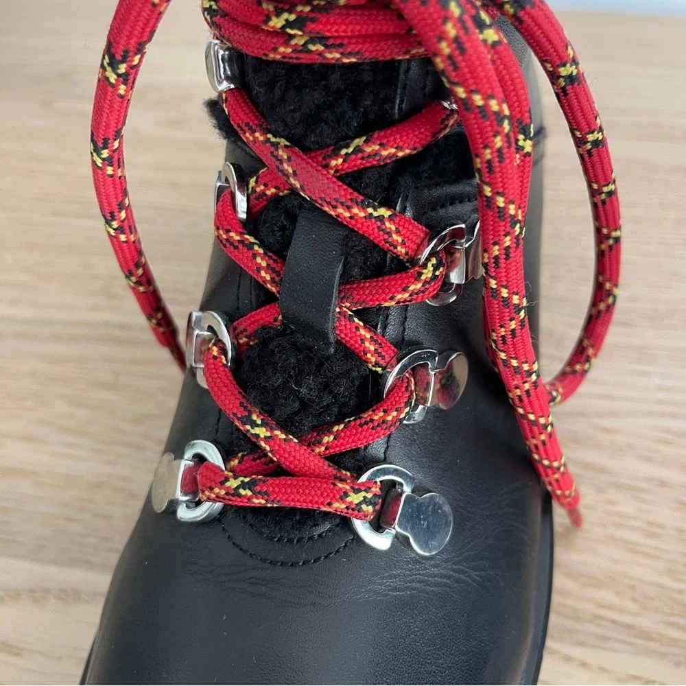 Aquatalia Jamie Black leather combat lace up boot shearling trim moto 11